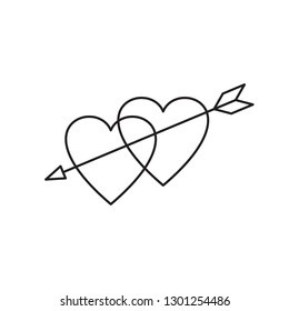 Linear illustration of an icon of two hearts pierced by an arrow, hearts and arrow, love between a man and a woman, fall in love, Valentine's Day, love, a holiday of love on white background.