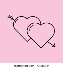 Linear illustration of an icon of two hearts pierced by an arrow, hearts and arrow, love between a man and a woman, fall in love, Valentine's Day, love, a holiday of love on a pink background.