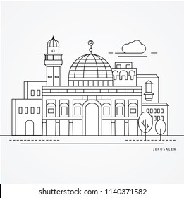 Linear illustration of Jerusale, Israel. Flat one line style. Trendy vector illustration. Architecture line cityscape with famous landmarks, city sights, design icons. Editable strokes