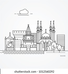 Linear illustration of Kazan, Russia. Flat one line style. Trendy vector illustration. Architecture line cityscape with famous landmarks, city sights, design icons. Editable strokes