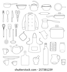 Linear illustration of kitchen stuff and apron and chef's jacket on white background.