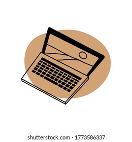 Linear illustration of a laptop. Work at home and in the office. Doodle style icon. The concept of home comfort.Vector illustration on a white background.