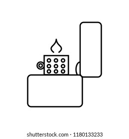 Linear illustration of lighter, fire, flame, gas lighter, warmth, light, lighting, hot, lighter with fire on a white background.