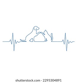 Ilustración lineal del logotipo de la clínica veterinaria.Perro y gato con pulso sobre fondo blanco