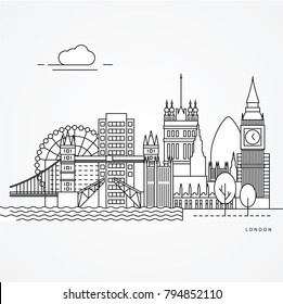 Linear illustration of London, UK. Flat one line style. Trendy vector illustration. Architecture line cityscape with famous landmarks, city sights, design icons. Editable strokes