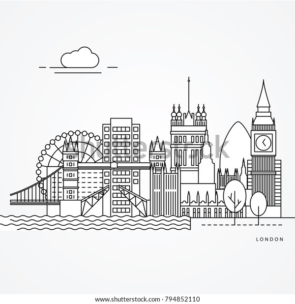 イギリスのロンドンのリニアイラスト フラットな1行スタイル トレンディのベクターイラスト 有名な史跡 市の名所 デザインアイコンを持つ建築ラインの都市景観 編集可能なストローク のベクター画像素材 ロイヤリティフリー