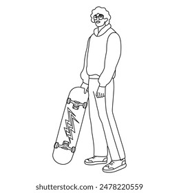 Ilustración lineal de un hombre con una patineta. Un tipo elegante de pie. Página para colorear de moda.