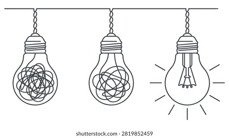 Linear illustration of messy wire lightbulbs leading to bright glowing lamp. Concept of thinking simplification mental health and creative solution.