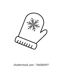 Linear illustration of a mitten with a snowflake for winter, so that your hands are warm in a white background.
