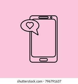 Linear illustration of mobile phone icon with dialogue, mobile phone with dialogue about love, love message, love, heart, valentine's day on pink background.