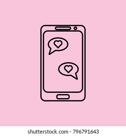 Linear illustration of mobile phone icon with dialogue, mobile phone with dialogue about love, love message, love, heart, valentine's day on pink background.