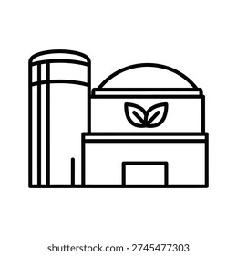 Linear illustration of a modern bioreactor plant with a leaf emblem. Represents green energy, biotechnology, and industrial processes. Ideal for eco-friendly business concepts, environmental tech, or sustainable industry presentations.