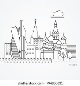 Linear illustration of Moscow, Russia. Flat one line style. Trendy vector illustration. Architecture line cityscape with famous landmarks, city sights, design icons. Editable strokes