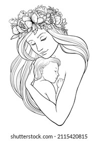 linear illustration of mother with her child with flower wreath  