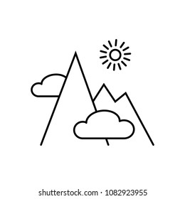 Linear illustration of mountain icon, clouds, sun, landscape, mountain sickness, paradise, summer, travel, slope, rocks on white background.