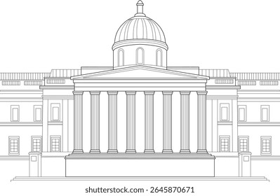 Ilustração linear do edifício da National Gallery em Londres, Reino Unido, um famoso museu de arte e monumento, renderizado em estilo de contorno preto e branco limpo, adequado para temas arquitetônicos e de viagem.