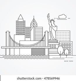Linear illustration of New York, US Flat one line style. Trendy vector illustration, Greatest landmark - Statue of Liberty