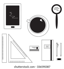 Linear illustration office. Flat line icons vector. The workplace with business tools.