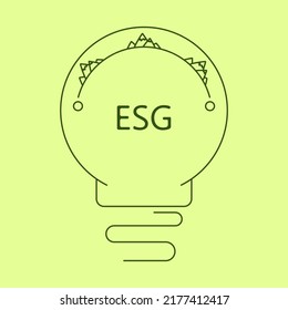 linear illustration on the theme of environmental conservation the image of mountains in the outline of a light bulb and the inscription ESG