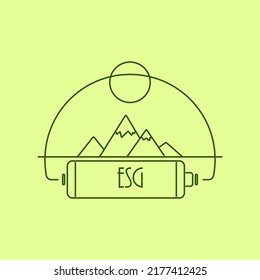 linear illustration on the theme of environmental conservation image of a battery against the background of nature and the inscription ESG