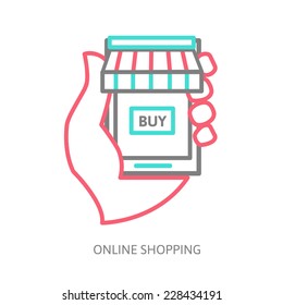 linear illustration from online store. Buying online in the phone , vector illustration eps 10