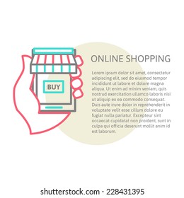 linear illustration from online store with place for your text. Buying online in the phone , vector illustration eps 10