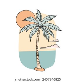 linear illustration of a palm tree on a background of sea and sun, hand drawn flat style.