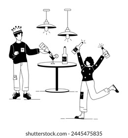 A linear illustration of people enjoying party