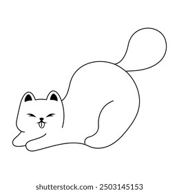 Linear illustration of a playful cat with a tongue in black color