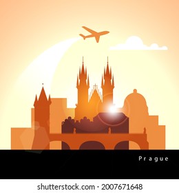 Linear illustration of Prague, Czech Republic. Sunset minimalistic design. Trendy vector illustration. Architecture line cityscape with famous landmarks, city sights, design icons.