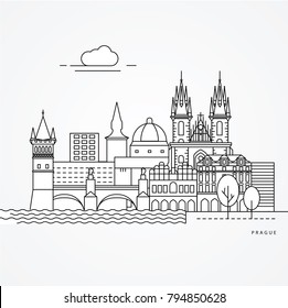 Linear illustration of Prague, Czech Republic. Flat one line style. Trendy vector illustration. Architecture line cityscape with famous landmarks, city sights, design icons. Editable strokes