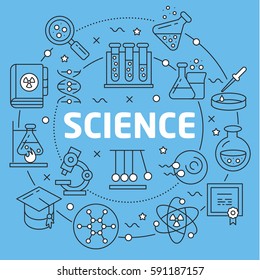Linear illustration for presentations on blue background science