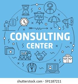 Linear illustration for presentations on blue background consulting center