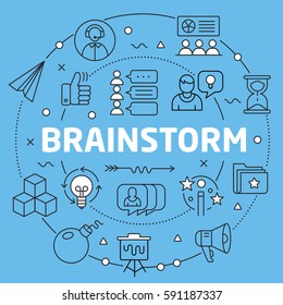 Linear illustration for presentations on blue background brainstorm