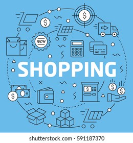 Linear illustration for presentations on blue background shopping