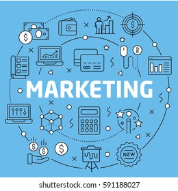 Linear illustration for presentations on blue background marketing
