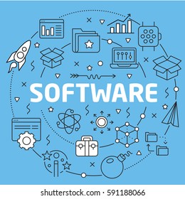 Linear illustration for presentations on blue background software