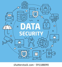 Linear illustration for presentations on blue background data security