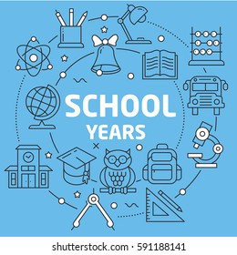 Linear illustration for presentations on blue background school years