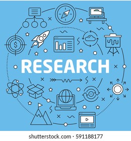 Linear illustration for presentations on blue background research