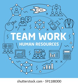 Linear illustration for presentations on blue background  team work