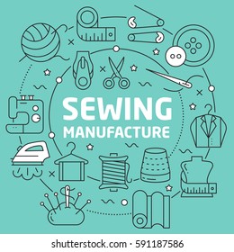 Linear illustration for presentations on green background sewing