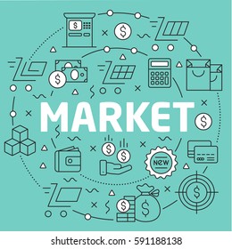 Linear illustration for presentations on green background market