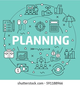 Linear illustration for presentations on green background planning