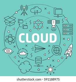 Linear illustration for presentations on green background Cloud