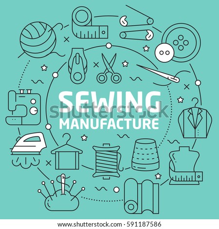 Linear illustration for presentations on green background sewing