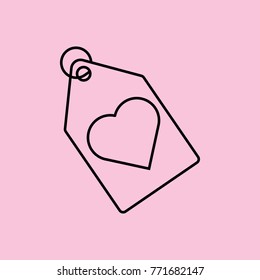 Linear illustration price tag icon with heart, tag with heart, buy with love, fly favorite, valentine's day, love, holiday of love on a pink background.