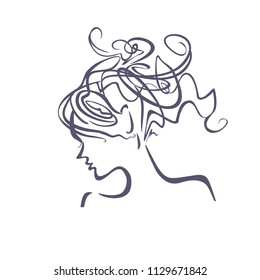 Linear illustration profile of a female head with a deliberately careless hairdo. Curly hair. Modern hair style.