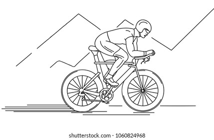 Linear illustration of racer on bicycle riding in the mountain road