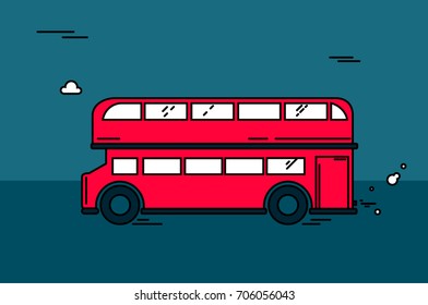 Linear illustration of a red bus on a dark background, school. London bus, symbol, culture
